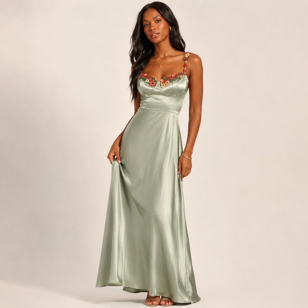 Sleeveless Women's Maxi Dress Fairycore Sage Green Satin Size Small